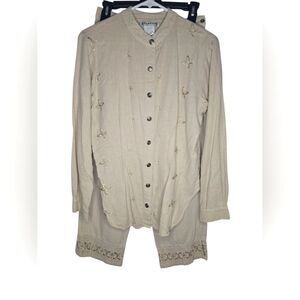 Vintage Museum 2 Piece Linen Set With Cropped Pants Embroidered Neutral Boho M